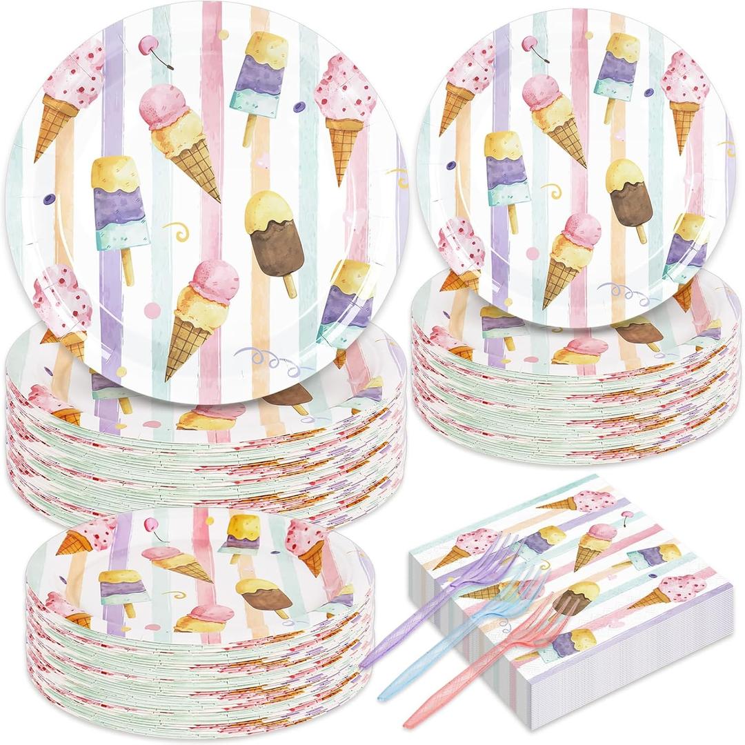 96Pcs Ice Cream Plates Napkins and Forks Set Watercolor Popsicle and Sweet One Paper Tableware for Summer Baby Shower Supplies, Serves 24