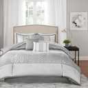 Madison Park Luxury Comforter Set-Traditional Jacquard Design All Season Down Alternative Bedding, Matching Bedskirt, Decorative Pillows, Queen(90"x90"), Bennett, Geometric Grey 7 Piece