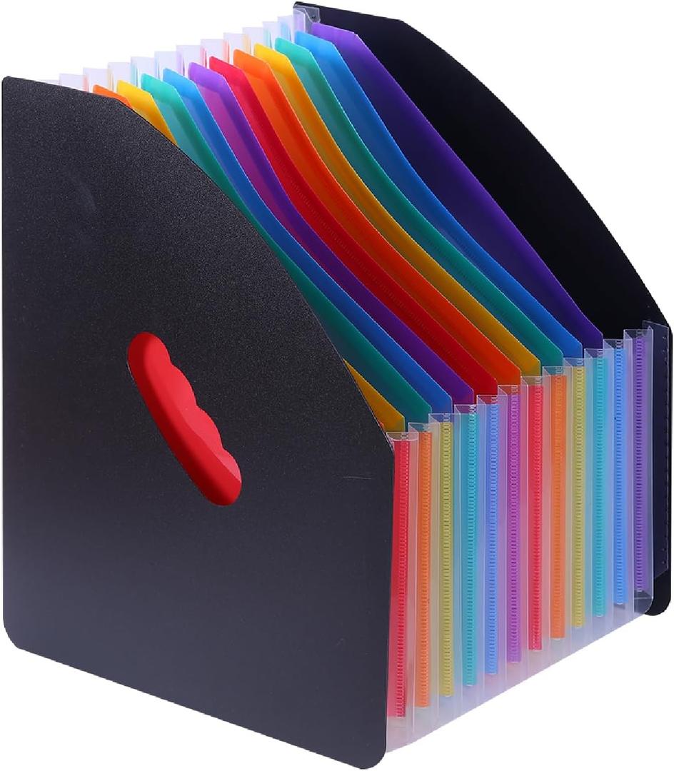 13 Pockets Expanding Accordion File Organizer, 10" x 12", Expandable A4/Letter Size Folder, Standing Document Storage Organizer for Desktop (Black Cover and Rainbow Pockets, 13 Pockets)