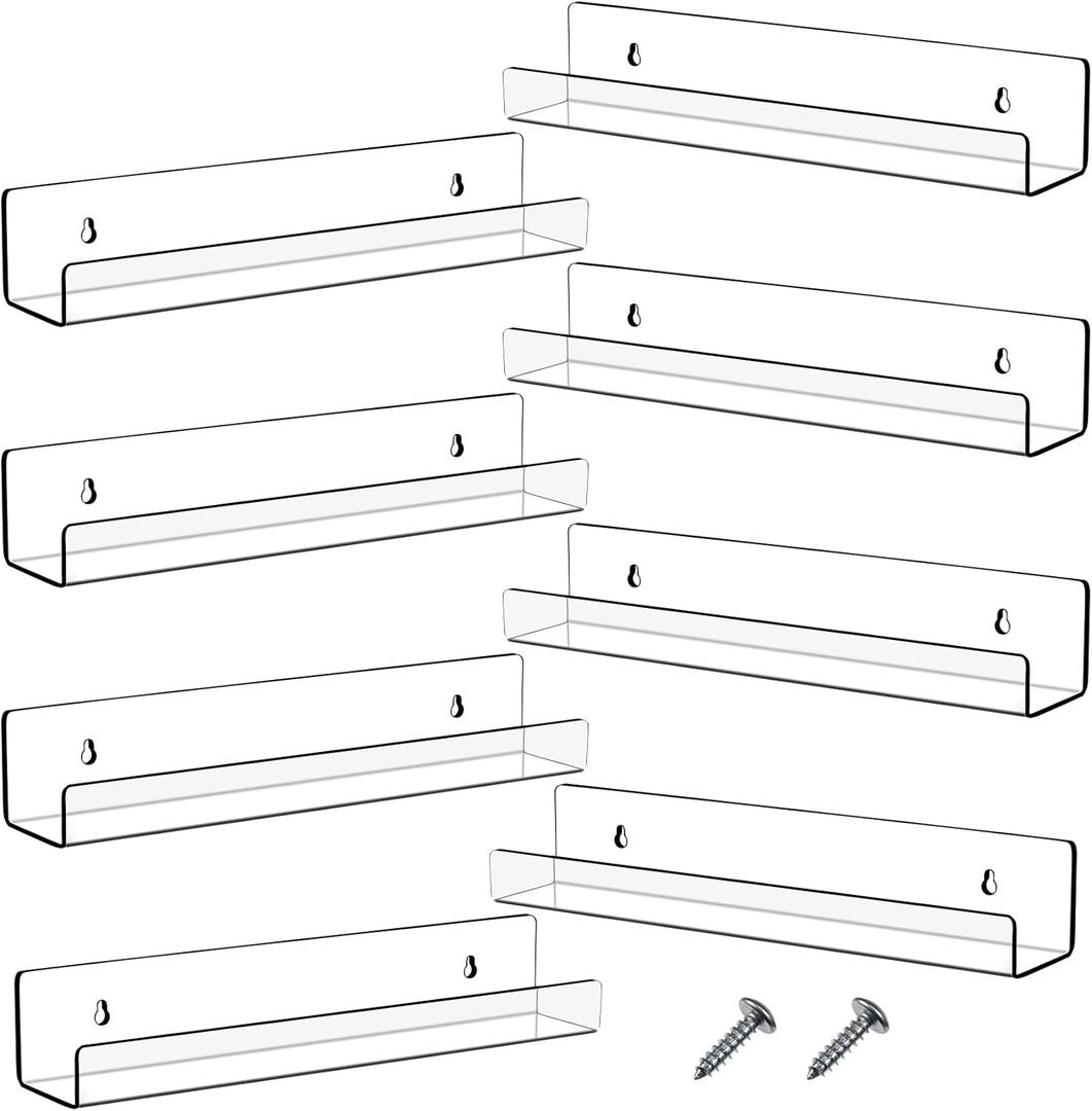 Blulu 8 Packs 14 Inch Acrylic Floating Shelf Wall Mounted Invisible Acrylic Shelf Ledge Floating Bookshelf for Living Room Office Bedroom Bathroom Kitchen Decoration Space Save (Clear)