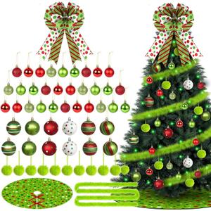56 Pcs Christmas Tree Ornaments Set Include Red Lime Green Peppermint Candy Ball Ornaments Christmas Tree Bow Topper Faux Fur Ribbon Ball Tree Skirt Led Lights for Xmas Holiday Decor