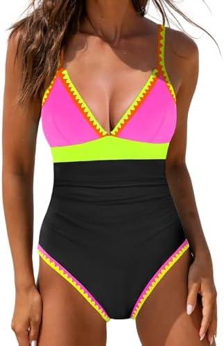 popvil One Piece Swimsuit Women 2025 Neon Color Block Contrast Cross Strap Bathing Suit Modest Cute Swim Suits S L