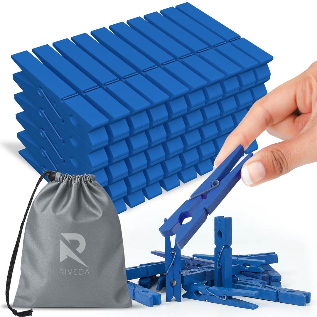 RIVEDA 50pcs Colored Wooden Clothes Pins, 2.9inch, Clothespins for Classroom, Clip Hanging Photos, DIY Clips for Crafts, Decorations (Dark Blue)