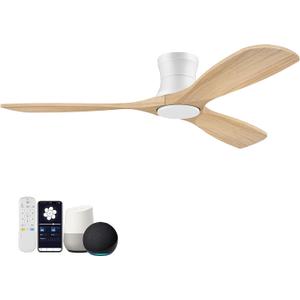 52 Smart Wood Flush Mount Ceiling Fans with Lights and Remote,Quiet DC Motor,Outdoor Indoor Ultra Low Profile Ceiling Fan works with Alexa WIFI APP,Modern White Ceiling Fan for Bedroom Patio, 52"-Voice+App+Remote Control