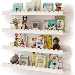 Shario Nursery Book Shelves, 4-Pack White Floating Shelves for Wall Kids, Scalloped Shelves, Wall Book Shelves for Bedroom Kids, Toddler Room, Baby Room, Nursery Decor, 23 Inches