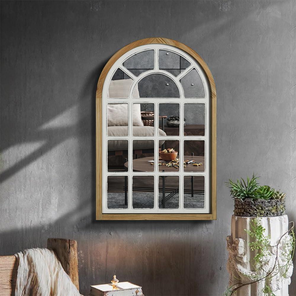 Arched Decorative Wall Panel with Solid Wood Frame, Acrylic Reflective Surface and Distressed White Finish, Vintage Farmhouse Windowpane Style Wall Art for Living Room Bedroom Hallway, 14.5" x 22.5"