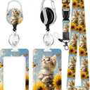 ID Badge Holder with Lanyard, Retractable ID Badge Card Holders Adjustable Lanyard Strap with Badge Reel and Vertical ID Holder for Nurse Students Teachers Office Staff(Sunflower Cat)