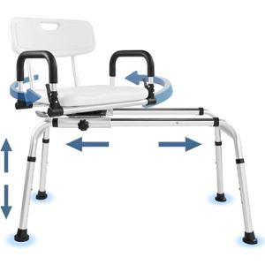 EOSPRIM Sliding Shower Chair with 360 Swivel Seat, Tub Transfer Bench with Drainage Holes, Pivoting Arms and Seat Belt, Non-Slip Foot Mats, for The Elderly, Sick and Handicap (Large, Silver)