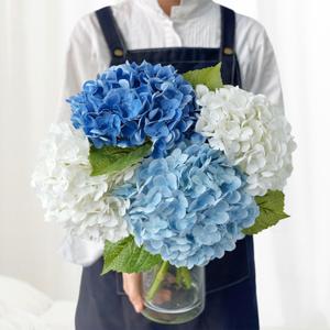 Blue/White Artificial Hydrangeas Silk Flowers, 4Pcs Large Latex Real Touch Lifelike Hydrangea Artificial Flowers,Faux Flowers Bouquet for Halloween Fall Wedding Outdoor Kitchen Table Home (White/Light Dark Blue)