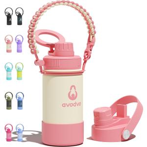 12 oz Insulated Water Bottle with 2 Lids (2-in-1 Straw & Spout Lid, Magnetic Lid), Kids Water Bottle with Strap, Kids Stainless Steel Water Bottle for School, BPA-Free, Light Pink