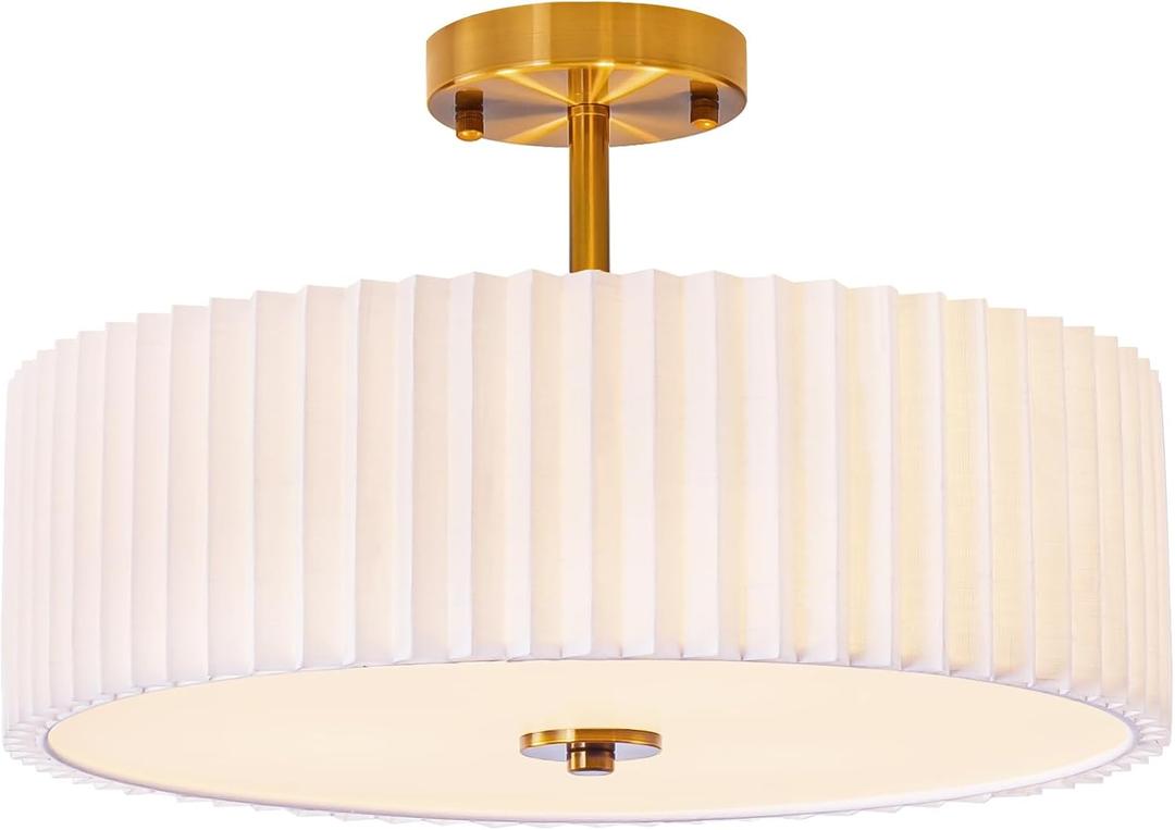 Bargeni 16.5 Inch Semi Flush Mount Ceiling Light Fixture,Gold Finish with Pleated Fabric Shade,3-Light Flush Mount Ceiling Light,Modern Light Fixtures Ceiling Mount for Bedroom,Hallway,Nursery Room