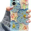 Jusy Case for iPhone 17, Colorful Retro Oil Painting Printed Flower Laser Blue Glossy Pattern Cute Curly Wave Phone Case Soft TPU Cover for Girly Women -Blue