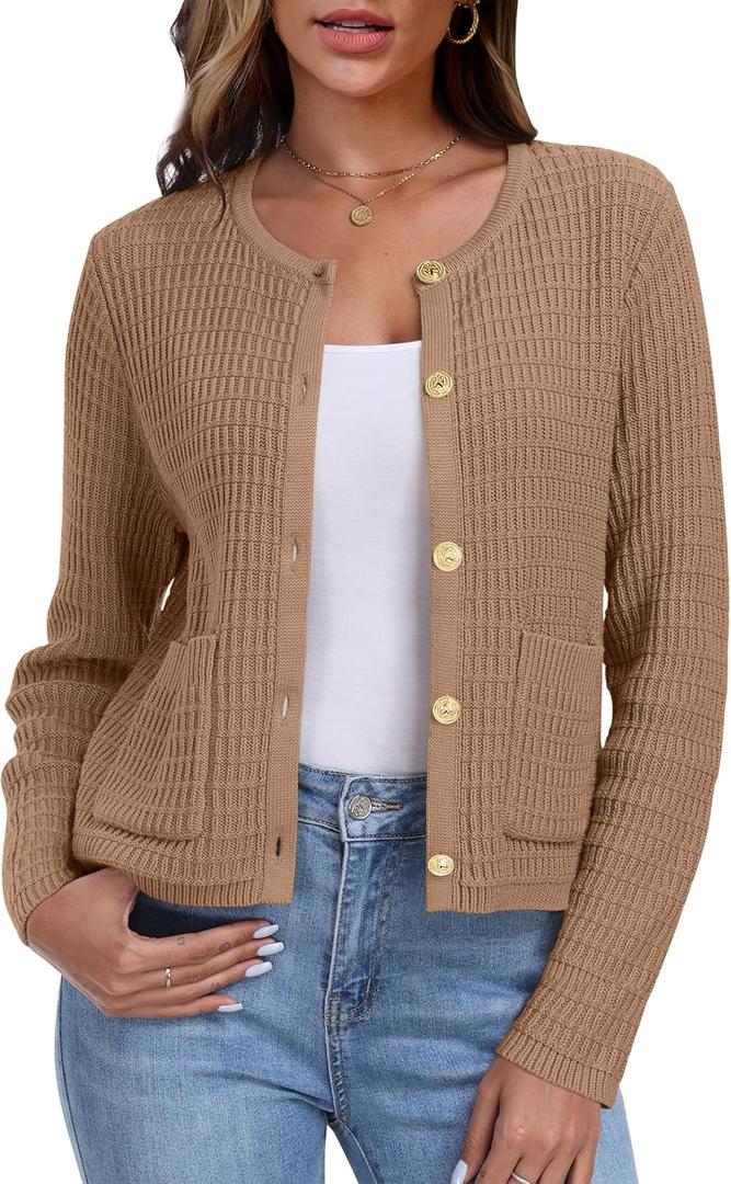ANRABESS Women Cardigan Sweater Dressy Casual Classic Long Sleeve Crew Neck Button Down Tweed Knit Jacket 2026 Fall Outfits Dark Khaki Small (Brown)