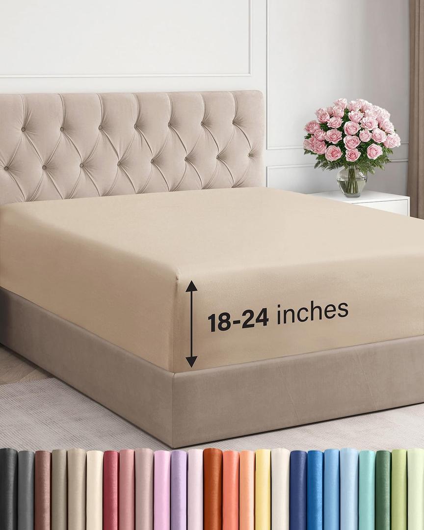 Extra Deep Queen Fitted Sheet - Hotel Luxury Single Fitted Sheet Only - Easily Fits 18 inch to 24 inch Mattress - Ultra Soft, Wrinkle Free w/Extra Deep Pockets - Easy-Care, Breathable & Comfy - Cream