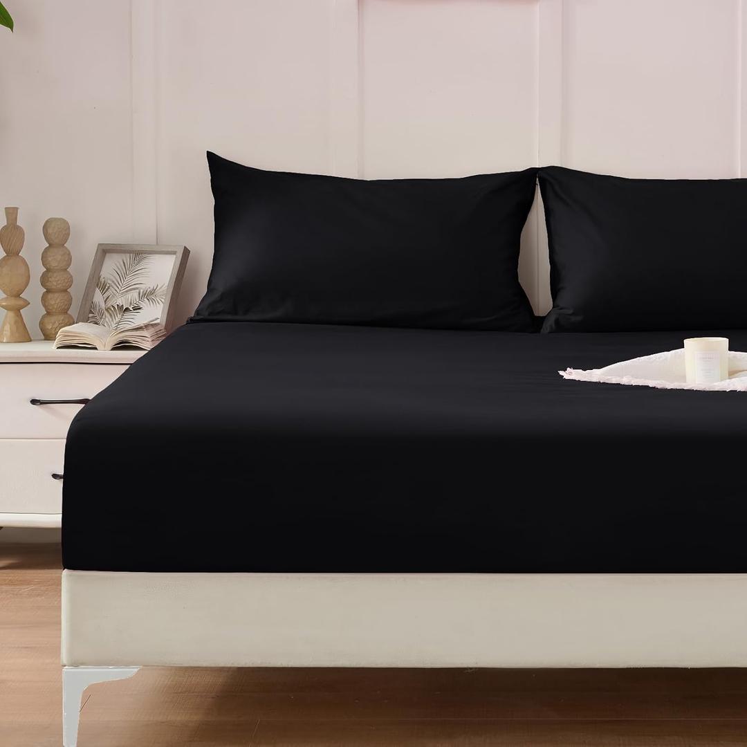Homiest 3PCS Pure Cotton Fitted Sheet & Pillowcase Set, Full Size, 400 Thread Count, Soft & Breathable, 15 Inch Deep Pocket, Luxury 5-Star Hotel Quality Cotton Sheets, Black