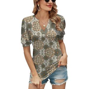 Romanstii Women Casual V-Neck T-Shirts Loose Puff Short Sleeve Tops Tunic Blouses (M)