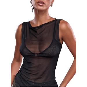RoseSeek Women's Sheer Mesh Tank Top Sleeveless Slim Fit Fitted Summer Shirts Going Out Tops (Black,Small)