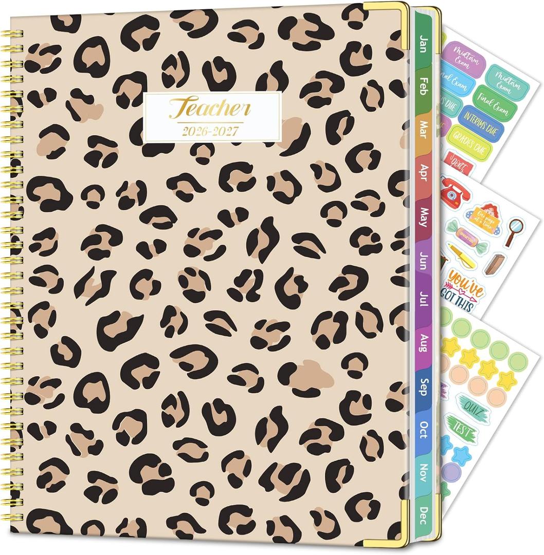 Teacher Planner 2026-2027, Jul 2026-Jun 2027 Academic Year, 8.5" x 11" Lesson Planner Book for Teacher Calendar, Spiral Bound Planners, Planning Stickers, Colorful Monthly Tabs, Leopard