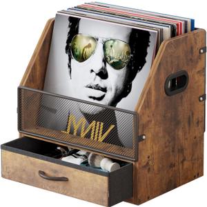 Vinyl Record Storage with Drawer, Vinyl Record Box Case Crate, Desktop Metal & Wooden LP Record Crate, Holds up to 60 Records (Antique)