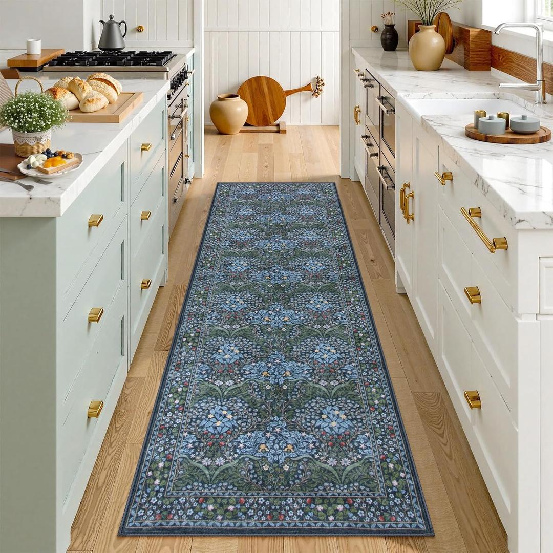 Lahome Floral Washable Kitchen Runner Rug, 2x6 Runners for Hallways | Non Slip Ultra-Thin Boho Soft Hallway Rug Forest Blue Carpet for Bedroom Bathroom Laundry Room Giverny, Blue