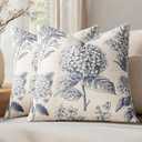 Set of 2 Decorative Floral Neutral Pillow Covers 18x18 Inch Light Blue Hydrangea Print Spring Boho Vintage Throw Cushion Covers for Sofa Couch Porch Bedroom Living Room Summer Home Decor
