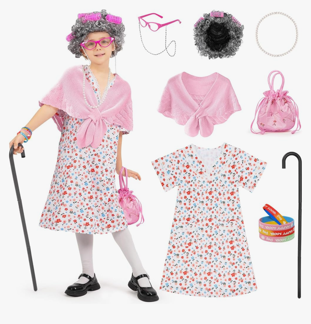 WooWee Kids Girl 100 Days of School Costume, Old Lady Costume for Kids, Halloween Cosplay Dress Up