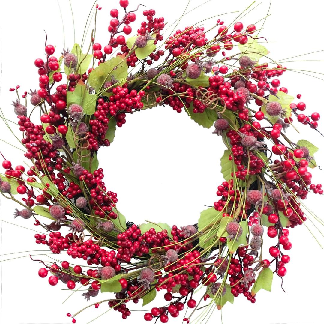 Bibelot 20 inches Christmas Wreath Red Berry Wreath Artificial Cypress Pine Needles Leaves Wreath for Front Door Wreath for Home Farmhouse Holiday Party Festival Wall Decor (C)