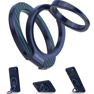 Nillkin Magsafe Phone Ring Holder Magnetic Grip Stand, Double Sided Magnets Kickstand, Upgraded Carbon Fiber Finger Holder, Accessories Compatible with iPhone 17 16 Pro Max Google Pixel 10 (Blue)