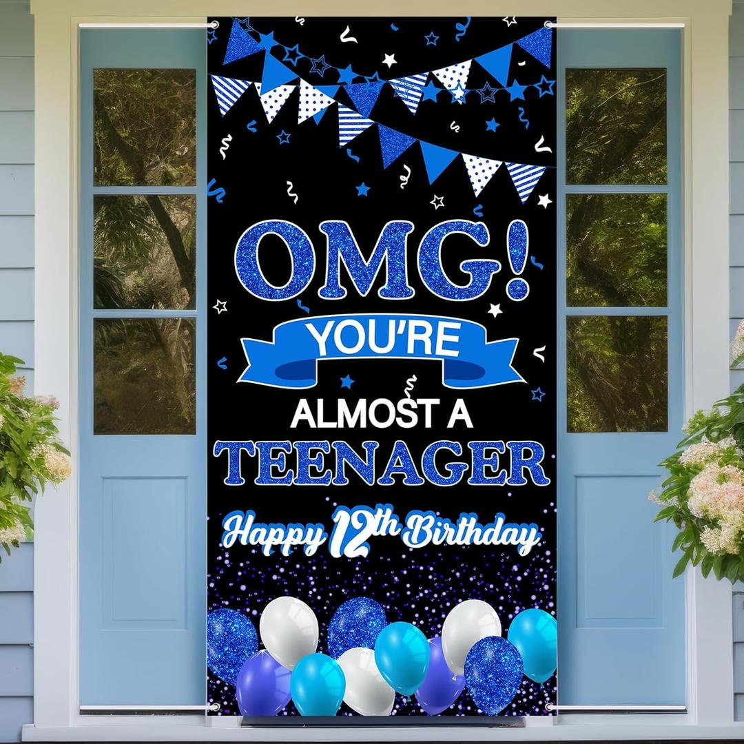 OMG You're Almost a Teenager Door Banner Blue Happy 12th Birthday Party Sign for Boys Twelve Years Old Birthday Party Decoration Supplies 12th Birthday Party Poster Background Photo Booth Props