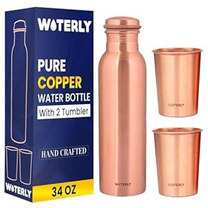 WOTERLY Plain Copper Water Bottle (34 Oz / 1000ml) With Set Of 2 Tumbler (10 Oz/ 300ml Each) | Best use for Office, Gym & gifts |100% Pure Copper Material with Leak proof Quality