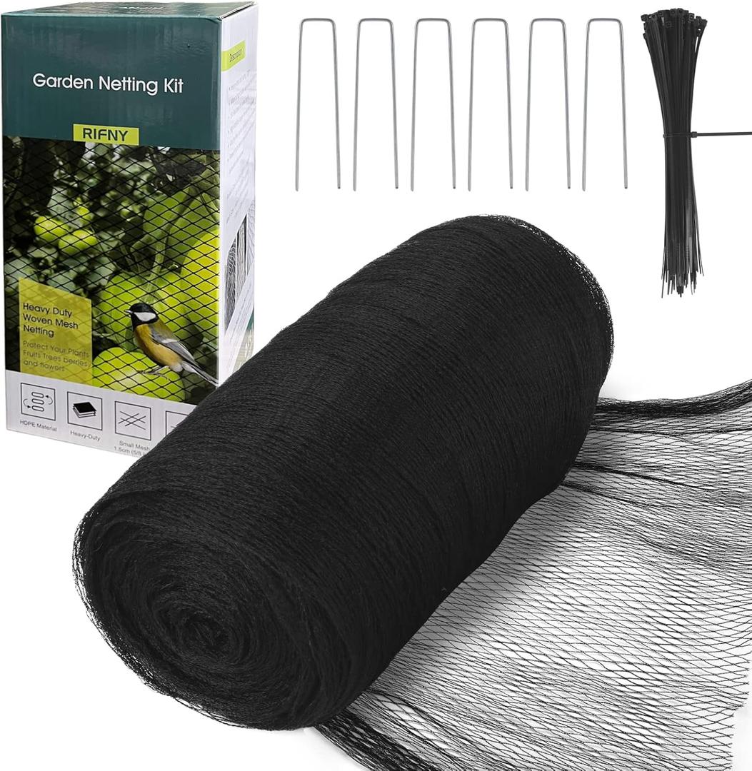Bird Netting for Garden - 13 x 40 FT Heavy Duty Anti Bird Netting Mesh with Ties and Landscape Staples for Vegetable, Fruit Trees & Other Plants, Lasting Against Birds Deer Squirrels and Poultry (Black)