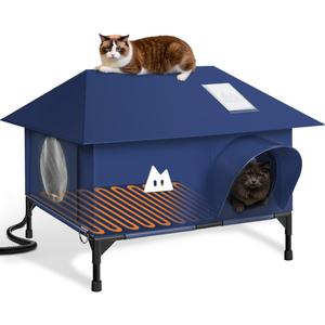 Heated Cat House for Outside Cats Winter, Large Hip Roof 100% Waterproof Outdoor Cat House, Elevated Base, Weatherproof Insulated Shelter for Stray Feral Barn Cat (Dark Blue, 20" Lx16 Wx14 H)