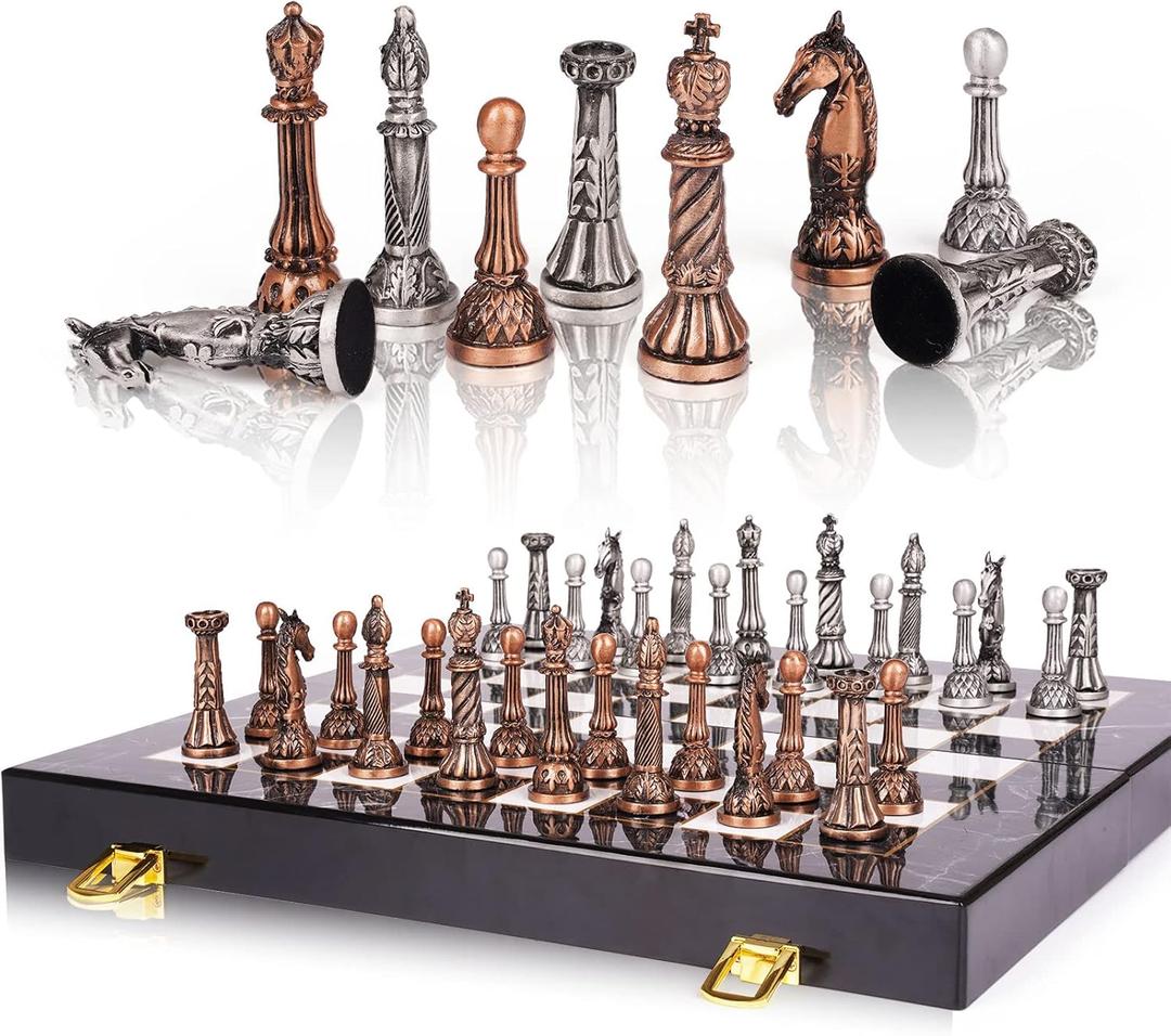 Retro Metal Chess Set for Adults and Kids  Marbling Chess Board with Chess Pieces  Travel Chess Set with Metal Pieces  Folding Chessboard  Ideal for Beginners and Professional Players