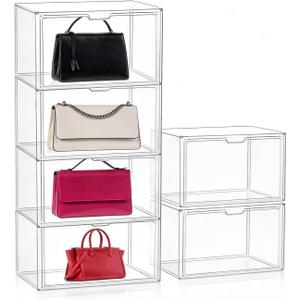 6 Pcs Clear HandPurse Storage Organizer, 15.7"x 11.8"x 9.84" Purse Storage Organizer for Closet Clear Stackable Handbag Display Case Box with Magnetic Door for Collectibles, Cosmetic, Heels