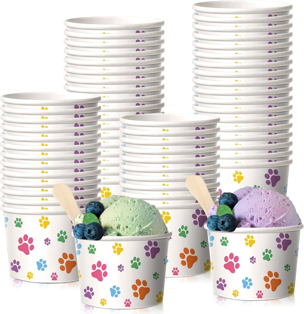 Patelai 50 Count 8 oz Paw Print Ice Cream Cups Bulk Paper Pup Cups Disposable Dog Bowls Dog Paw Print Dessert Bowls for Doggie Puppy Pet Dogs Theme Party Whip Ice Cream Snack Treat Food (Colorful)