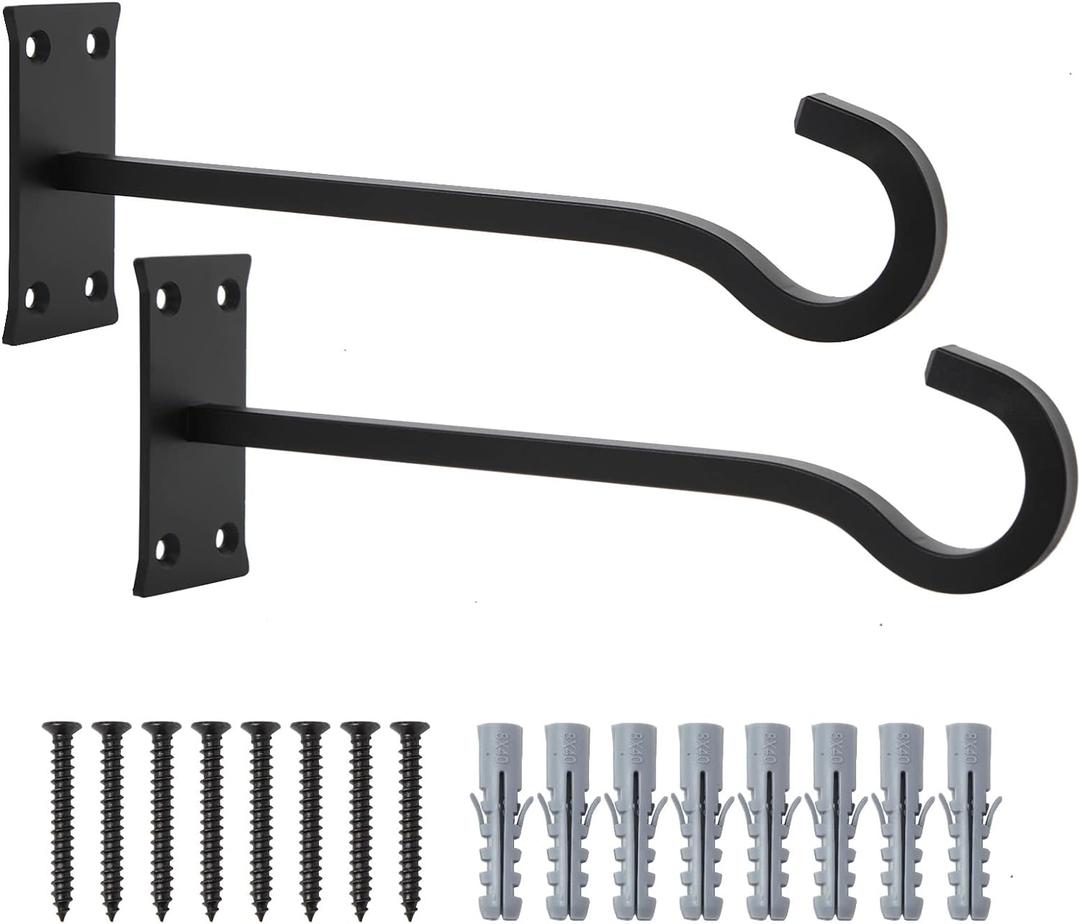 10inch Heavy Duty Plant Hangers Outdoor or Indoor Bird Feeder Hanger Shepherd Hooks 2pcs Black Metal Wall Hook for Hanging Plant Bracket, Lantern, Flower Basket, Wind Chimes