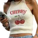 WDIRARA Women's Cherry Letter Print Crop Sweater Knit Tank Tops Crew Neck Sleeveless Pullovers (XS)
