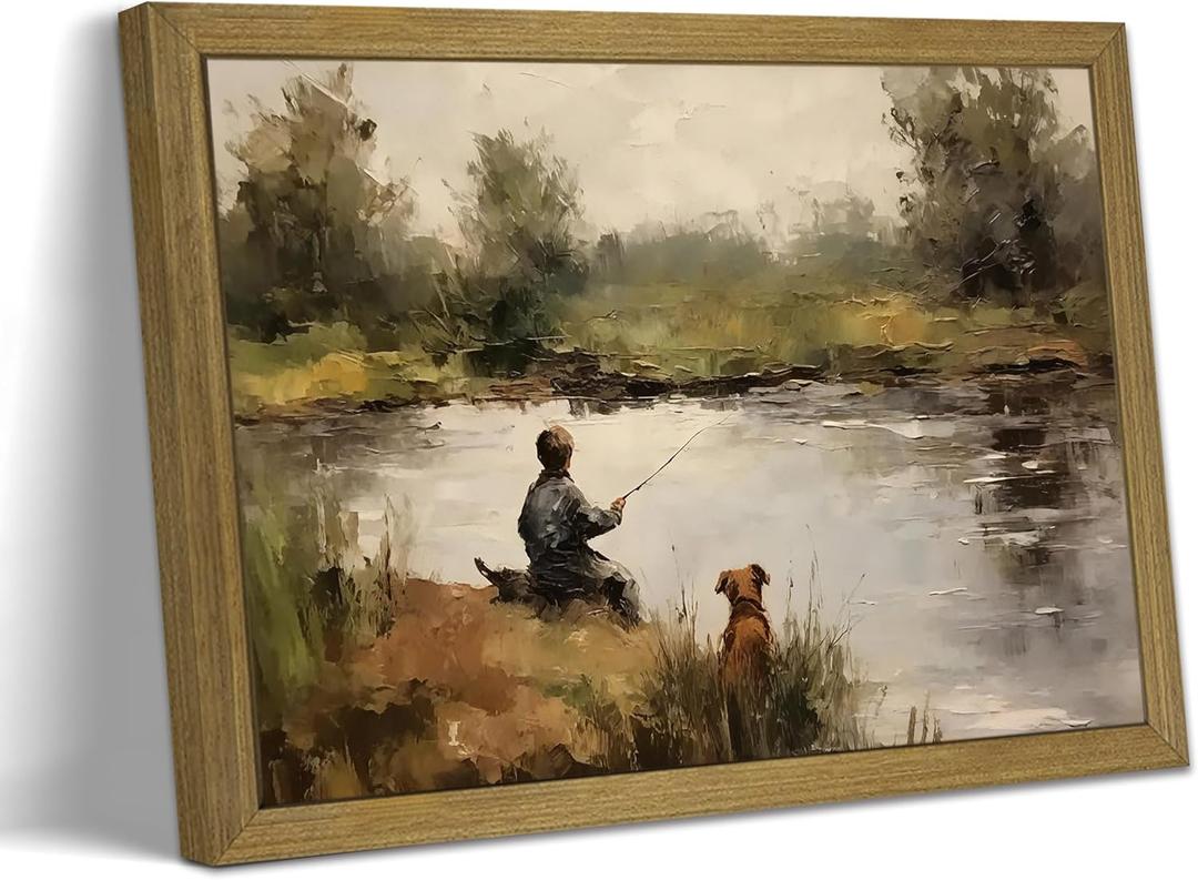 Wood Framed Vintage Canvas Wall Art, Boy Fishing Wall Decor Paintings, Dog and Boy Landscape Print Prints, Vintage Country Farmhouse Artwork Picture for Bedroom Living Room Kids Room 8x10 Inch