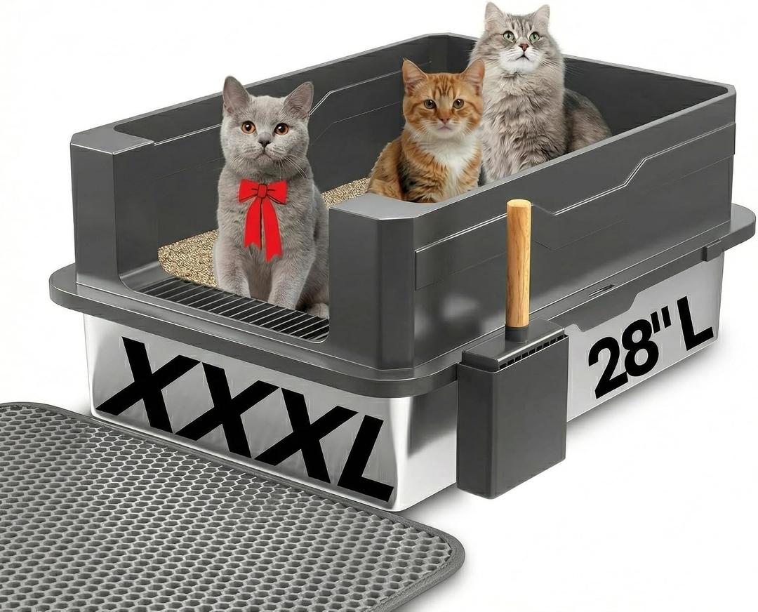 XXXL Stainless Steel Cat Litter Box – Extra Large 28" L x 20" W with High Sides & Lid, Non-Stick, No Odor, Leak-Proof Metal Boxes for Large & Multiple Cats, Easy to Clean Lites