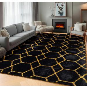 ONASAR 5x7 Area Rugs for Living Room Bedroom, Fluffy Black and Gold Faux Fur Rug, Geometric Boho Soft Plush Shaggy Floor Carpet Mat for Nursery Kids Girls Boys Teen Dorm Home Office Decor