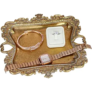 Funly mee Antique Trinket Dish Vintage Metal Jewelry Tray, Wedding Ring & Necklace Holder 8 x 7 inches (Gold, M)