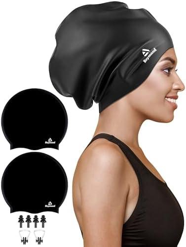 2 Pack Extra Large Swim Cap for Braids and Dreadlocks, Silicone Swimming Caps for Long Hair, Weaves, Extensions, Curls & Afros, Waterproof Adult Swim Hats Bathing Caps for Women Men