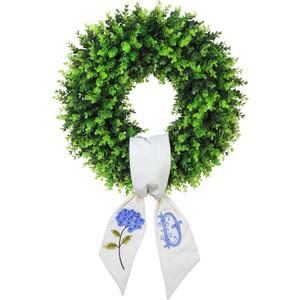 Boxwood Wreaths for Front Door Spring Summer Wreaths Farmhouse Door Hanger,Last Name Year Round Porch Decor, 20 inch Wreath with Personalized Monagram sash Embroidered -20 inch (D)