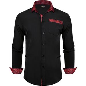 DiBanGu Men's Paisley Dress Shirts Long Sleeve Button Down Inner Contrast Casual Business Shirt with Collar Pin (Black and Red) DiBanGu Men's Paisley Dress Shirts Long Sleeve Button Down Inner Contrast Casual Business Shirt with Collar Pin (Black and Red)