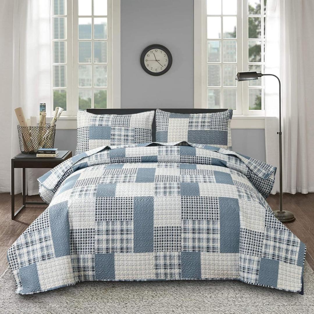 Ycosy Queen Size Plaid Quilts Blue White Stripes Bedspread Coverlets Reversible Lightweight Patchwork Bedding Set for Boys Bedroom Decorations Blanket Throw with 2 Pillow Shams