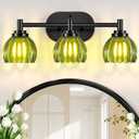 Bathroom Vanity Light, 3-Light Vanity Lighting Fixtures with Green Tulip Glass Shade, Modern Bathroom Wall Mount Lamp, Black Vanity Lights Over Mirror for Living Room, Hallway, Cabinet, Porch