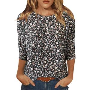 JomeDesign Womens Tops 3/4 Sleeve Shirts Round Neck Loose Casual Blouses Floral Print Tshirts (Large, Black Pink Floral)