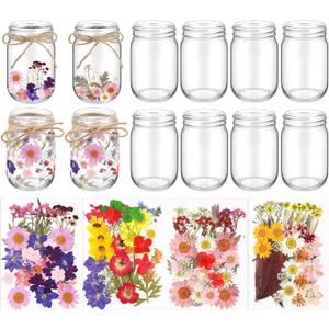Tinideya 154 Pcs DIY Pressed Flowers Mason Jar Set Pressed Flower Lanterns 12 Mason Jar 140 Natural Real Dried Flower Centerpiece Making Favor for Christmas Wedding Candle Lantern Craft