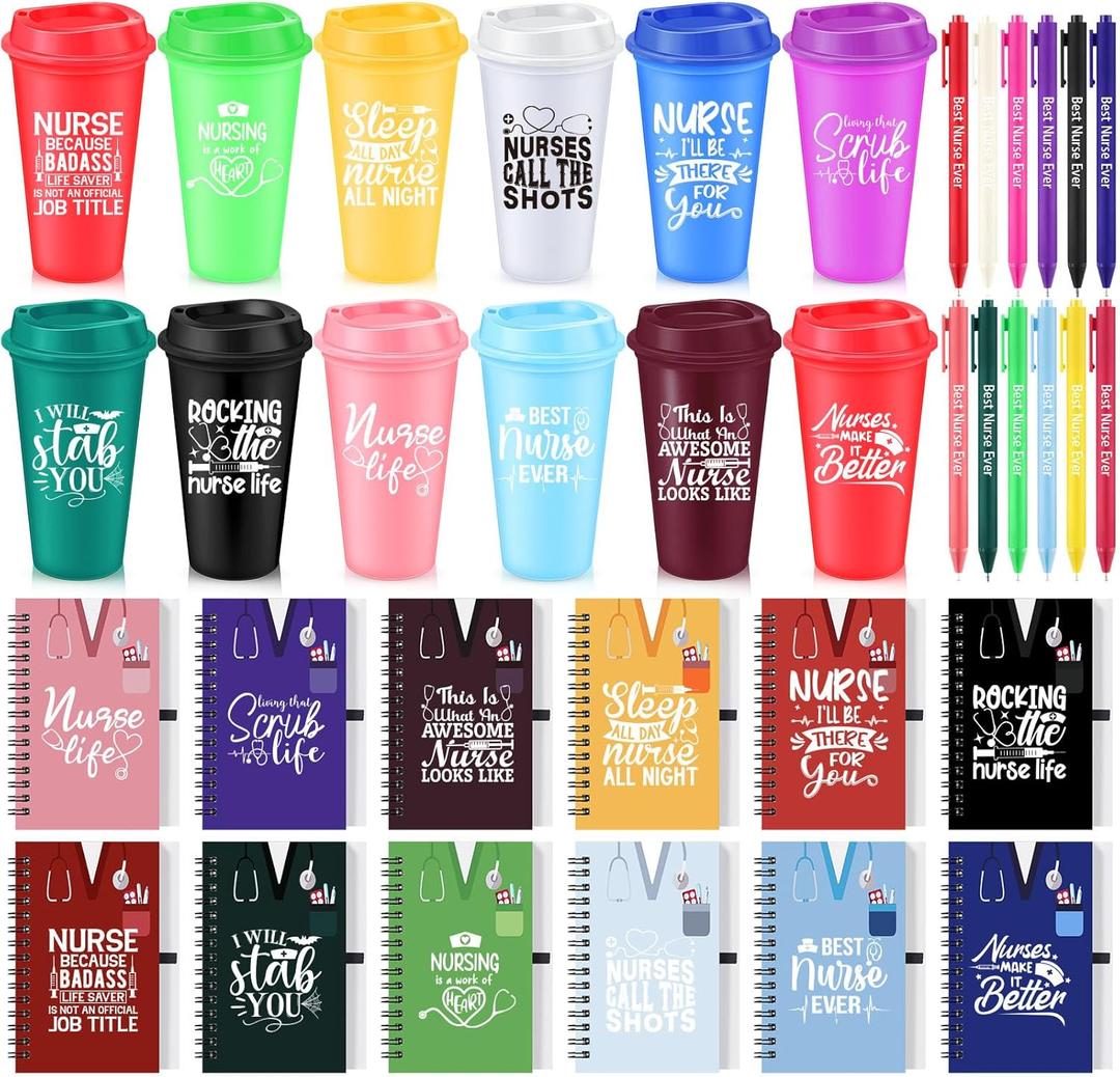 36 Pcs Nurse Appreciation Gifts Bulk 16 oz Plastic Coffee Cups Reusable Tumblers with Lid Inspirational Notebooks Pens Thank You Gifts for Nurse Women(Bright Color,Cute Style)