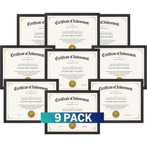 8.5x11 Picture Frames, 9-Pack Solid Wood, Black | Solid wood core with PVC scratch-resistant coating. Fits 8.5x11 diplomas, certificates, photos. Wall & tabletop display.